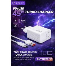 Etech ETC-007 45W Pd & USB Hızlı Şarj Adaptörü Type-C Kablolu 3.0A Turbo Charger