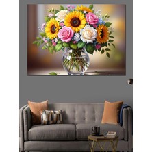 Tablomega Vazoda Karışık Renkli Çiçek Aranjmanı Dekoratif Kanvas - Mdf Ahşap Tablo