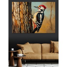 Tablomega Ağaç Gövdesinde Tıklayan Renkli Ağaçkakan Dekoratif Kanvas - Mdf Ahşap Tablo