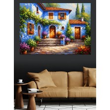 Tablomega Beyaz Çiçekli Akdeniz Evi Manzarası Dekoratif Kanvas - Mdf Ahşap Tablo