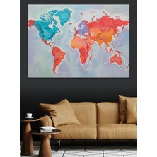 Tablomega Renkli Dünya Haritası Suluboya Efekti Dekoratif Kanvas - Mdf Ahşap Tablo