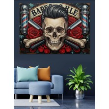 Tablomega Kafataslı Berber Logosu ve Güller Dekoratif Kanvas - Mdf Ahşap Tablo