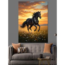 Tablomega Gün Batımında Koşan Siyah At Dekoratif Kanvas - Mdf Ahşap Tablo