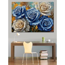 Tablomega Vazoda Mavi ve Beyaz Güller Dekoratif Kanvas - Mdf Ahşap Tablo