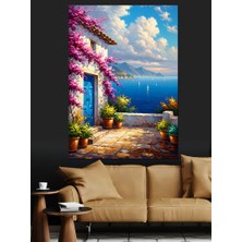 Tablomega Pembe Çiçekli Akdeniz Evi Balkonu Dekoratif Kanvas - Mdf Ahşap Tablo