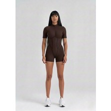 Lismina Kahverengi Sculpt Line Kısa Kollu Spor Tayt Şort Tulum