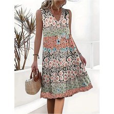 Negok Kadın Kolsuz V Yaka Çiçek Desenli Süprem Elbise