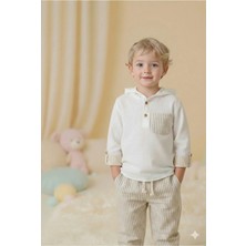 Cattac Kids %100 Pamuk Müslin Erkek Bebek Takım - Kapüşonlu Çizgili Detaylı Doğal Kumaş
