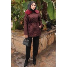 Kadın Kapitone Tesettür Mont – Kürk Yakalı Bel Büzgülü Fermuarlı Kışlık Mont