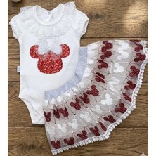 Biçomi Mickey Payet Nakışlı Brode Etekli Kız Bebek Özel Gün Takımı - Kırmızı