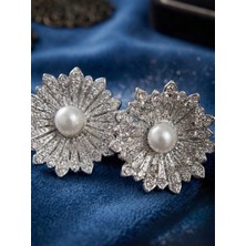 Meneva Aksesuar Inci Detaylı Güneş Formu Kristal Taşlı Gümüş Silver Renk Vintage Küpe