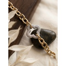 Meneva Aksesuar Zirkon Taşlı Yonca Figürlü Altın Gold Renk Çelik Bileklik