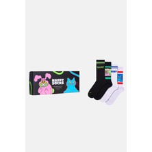 Happy Socks - Çok Renkli Çizgi ve Hayvan Desenli 4\'lü Pamuklu Çorap Seti
