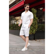 Madmext Beyaz %100 Pamuklu Erkek Şort Gömlek Takım E7361