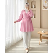 Moda Morfo Fırfırlı Önü Bağcıklı Kolu Lastikli Kimono  -Pudra
