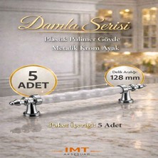 İmt Aksesuar Damla Lüks Polimer Mobilya Kulpu 128 mm Beyaz-Krom 5 Adet Mutfak Dolabı Çekmece Vestiyer Kulpu