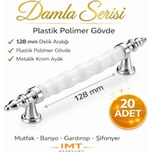İmt Aksesuar Damla Lüks Polimer Mobilya Kulpu 128 mm Beyaz-Krom 20 Adet Mutfak Dolabı Çekmece Vestiyer Kulpu