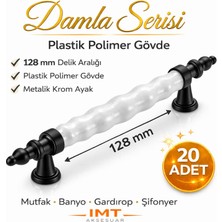 İmt Aksesuar Damla Lüks Polimer Mobilya Kulpu 128 mm Beyaz-Siyah 20 Adet Mutfak Dolabı Çekmece Vestiyer Kulpu