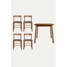 Unboxdeco 2-4 Kişilik Alaçatı Masif Ceviz Ahşap Masa Takımı, 4 Adet Sandalye Ile, Gri 80X80 cm