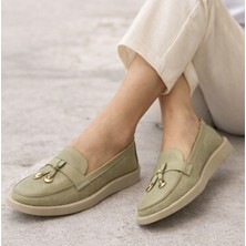 TwoEgoist Kadın Yazlık Babet Hakiki Yumuşak Deri Günlük Yeşil Loafer Babet Ayakkabı