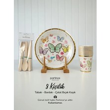 Partince 8 Kişilik Makaron Gold Yaldızlı Kelebek Kullan At Karton Kullan At Tabak Bardak Çatal Kaşık Bıçak Parti Seti