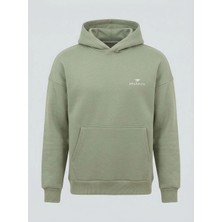 Sparrow Unisex Oversize Pamuklu Kanguru Cepli Basic 3 Iplik Nakışlı Kapüşonlu Sweatshirt Buz Yeşil - L