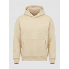 Sparrow Unisex Oversize Pamuklu Kanguru Cepli Basic 3 Iplik Nakışlı Kapüşonlu Sweatshirt Bej - L