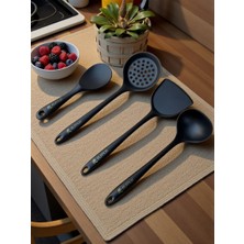 Elfnur Sert Uçlu Isıya Dayanıklı Silikon Kevgir Sıpatula Kepçe Kaşık Seti 4prç Siyah