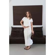 Cepli Yırtmaçlı Viskon Keten Midi Etek Beyaz