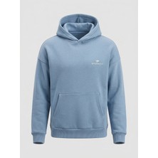 Sparrow Unisex Oversize Pamuklu Kanguru Cepli Basic 3 Iplik Nakışlı Kapüşonlu Sweatshirt Mavi - 2xl