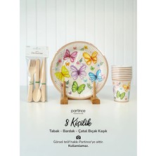 Partince 8 Kişilik Pastel Kelebek Çiçek Tema Kullan At Karton Tabak Bardak Çatal Kaşık Bıçak Parti Seti