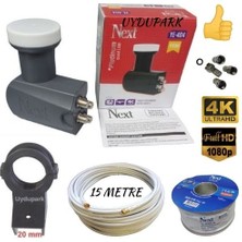 Uydupark Next 4'Lü Lnb+Next 15 Metre Hazır-Tak-Kullan Uydu Anten Kablosu+Lnb Kelepçesi+Contalı Konnektör