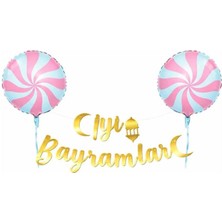 Parti Show Iyi Bayramlar Pembe Şeker Temalı Folyo Balon Süsleme Seti - 3 Parça