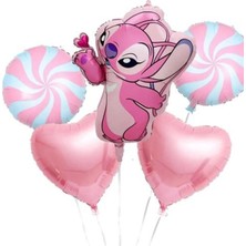 Parti Show Stitch Angel Spiral Şeker Doğum Günü Folyo Balon Seti 5'li