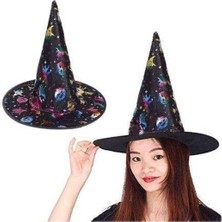 Parti Show Siyah Üzeri Rengarenk Halloween Figürlü Cadı Şapkası