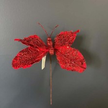 Parti Show Kırmızı Simli Dekoratif Kelebek Çiçek Dalı 1 Adet