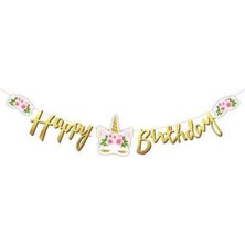 Parti Show Çiçekli Unicorn Kaligrafi Happy Birthday Yazısı 120 cm