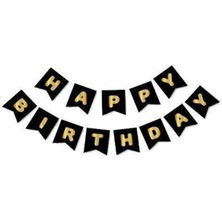 Parti Show Happy Birthday Siyah Gold Yaldızlı Banner 200 cm