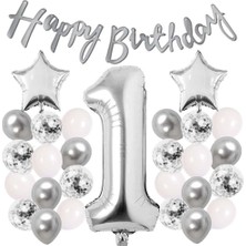 Patladı Gitti Gümüş Konsept 1 Yaş Doğum Günü Kutlama Seti Beyaz Gümüş Konfetili Balon Rakam Yıldız Folyo ve Banner