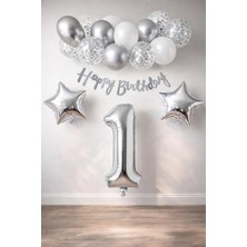 Patladı Gitti Gümüş Konsept 1 Yaş Doğum Günü Kutlama Seti Beyaz Gümüş Konfetili Balon Rakam Yıldız Folyo ve Banner