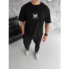 Giyim Center Erkek  Bisiklet Yaka Ön ve Sırt Örümcek Baskılı Oversize T-Shirt - Siyah