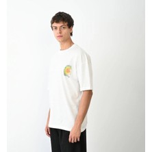 Giyim Center Erkek Bisiklet Yaka Baskılı Oversize T-Shirt - Beyaz