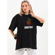 Giyim Center Kadın Bisiklet Yaka Baskılı Oversize T-Shirt - Siyah