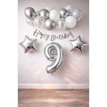 Patladı Gitti Gümüş Konsept 9 Yaş Doğum Günü Kutlama Seti Beyaz Gümüş Konfetili Balon Rakam Yıldız Folyo ve Banner