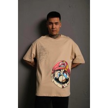 Giyim Center Erkek Mario Baskılı Oversize kısa Kol  T-Shirt - Bej