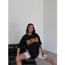Giyim Center Kadın Bisiklet Yaka Baskılı Oversize T-Shirt - Siyah