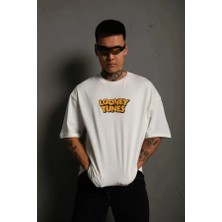Giyim Center Erkek Bisiklet Yaka Baskılı Oversize  Kısa Kol T-Shirt - Beyaz