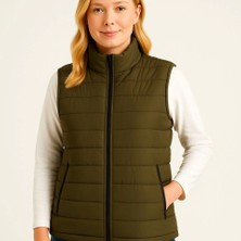 Amara Boutique Şişme Fermuarlı Yelek Su Itici Kapitone Astarlı Kumaş Cepli Hafif Kışlık Spor Rahat Kalıp - Haki