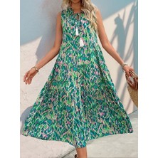 Amara Boutique Kadın Askılı Yakası Fırfırlı Bağcıklı Desenli Uzun Süprem Elbise