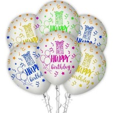 Parti Show Happy Birthday Floresan Baskılı Balon Beyaz (10 Adet)